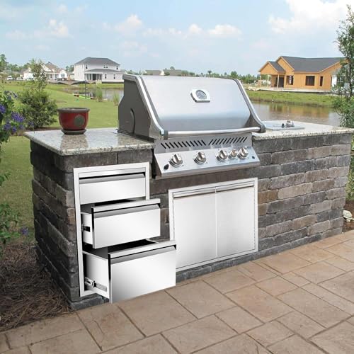 Image of Outdoor Kitchen Drawers 14 inch W x 21 inch H x 23 inch D, Stainless Steel Built-in Drawers, Flush Mount Access BBQ Drawer for Outdoor Kitchens Island, Grill Station