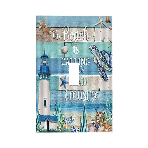 Vintage Sea Turtle Lighthouse on Blue Wood Board Single Toggle Light Switch Covers Decorative 1 Gang Wall Plate Electrical Device Switchplate Faceplate for Farmhouse Bathroom Decor