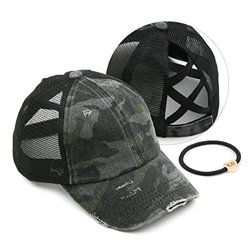 C.C Exclusives Washed Distressed Cotton Denim Criss-Cross Ponytail Hat Baseball Cap Bundle Hair Tie (BT-780) (Camo Black)