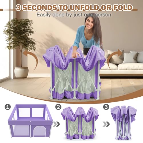 Image of Foldable Playpen 50x50, Foldable Ultra-Portable Baby Playpen, Instantly Deployed in Three Seconds, Safe Baby Playard with Soft Breathable Mesh, Perfect Activity Center for Baby's Play, Lavender