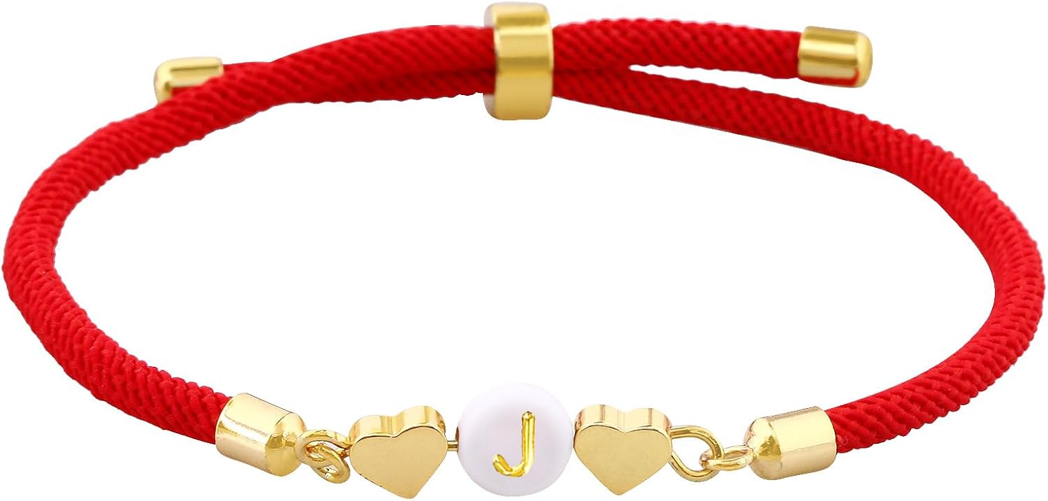 SUMMER LOVE Multicolor Letter Initial Bracelet for Women Love Heart Cute Jewelry Gift Ideas for Girlfriend Daughter Mom Grandma On Birthday Christmas (J, Red)