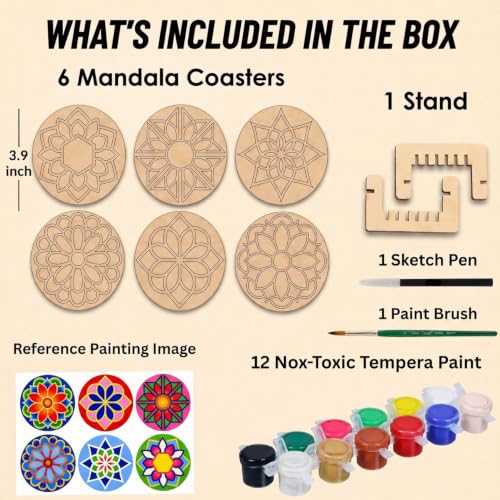 Image of ImagiVibe Premium Mandala Coaster Painting Kit for Kids & Adults | DIY Mandala Art | 6 Pre-Marked Wooden 4 Inch MDF Coasters with Stand | Creative Art & Craft Activity | Gift (Mandala - Tempera Paint)