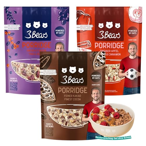 3Bears Porridge Probier-Set – 3 x 400g | Bestseller Frühstücksbrei mit natürlichen Zutaten | Vegan, ohne Zusatzstoffe, ohne Industriezucker | Ideal für warmes Frühstück & Meal Prep