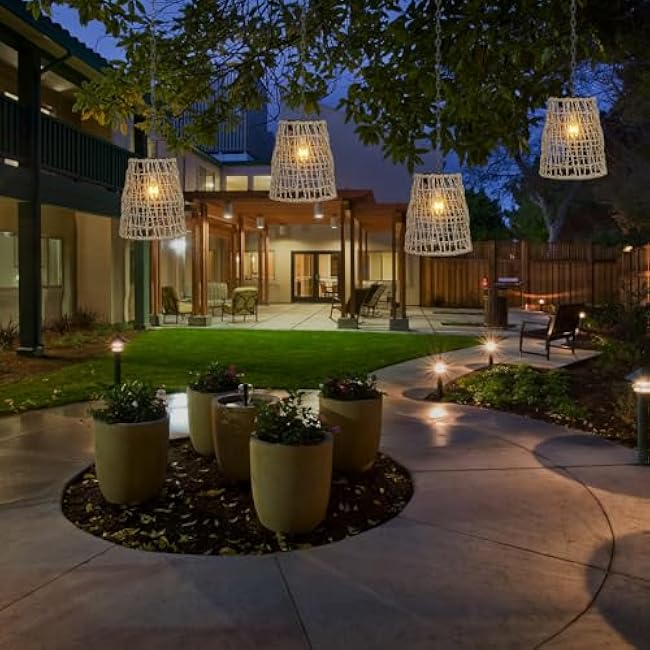 Solar Lanterns Outdoor Waterproof Hanging Light-Natural Seeweed Rattan Decorative Solar Rattan Pendent Chandelier Light with Edison Bulb for Patio Garden Landscape Pathway Yard D¨¦cor