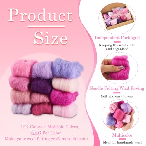 Image of Magibeasd 2.12 oz Wool Roving for Needle Felting Nature Wool Yarn Kit Variety Pink Purple Tones for Beginners Felted Crafts DIY Materials Hand Spinning Supplies 12 Colors