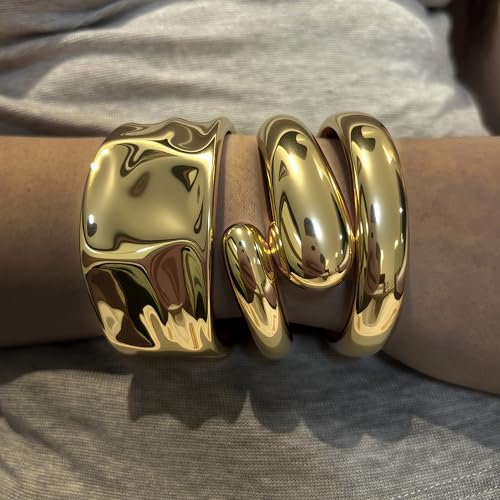 3 Pcs Gold Cuff Bracelets Set,Trendy Chunky Cuff Bangle Bracelets for Women,Boho Chic Open Cuff Bangle Stackable Arm Jewelry3