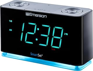 Emerson Smartset Alarm Clock Radio with Bluetooth Speaker with USB Port for iPhone/iPad/iPod/Android and Tablets, 1.4" Cyan LED Display and Night Light, ER100301