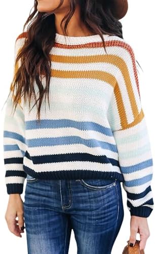 KIRUNDO Women's 2025 Fall Winter Striped Color Block Short Sweater Long Sleeve Crew Neck Casual Loose Knit Pullover Tops