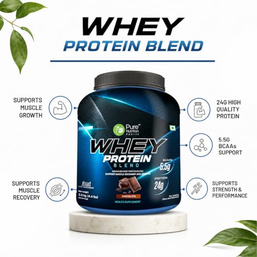 Image of Pure Nutrition Whey Protein Powder for Men & Adults, Chocolate Flavour, Advanced Whey Protein Blend, 24g Protein & 5.5g BCAAs per Serving, Supports Muscle Recovery & Growth, 2kg (58 Servings)