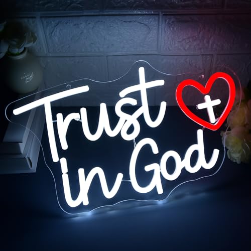 Image of Trust In God Neon Sign for Wall Decor Trust In God LED Light for Man Cave | Dimmable led light, cross christian, prayer room church decor, jesus spiritual wall art, inspirational gift, size 14.4*9.6 in