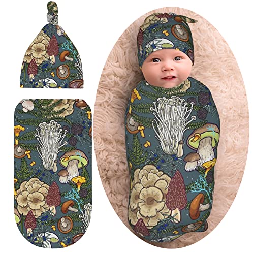Image of Mushroom Baby Stuff Newborn Swaddle Blanket Cute Baby Swaddle Blankets Wrap Receiving Blanket Soft Stretchy Sleep Sack with Beanie Hat Gifts for Boy Girl