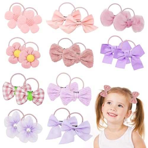 20PCS Small Pink Bow Flower Pony Tails Hair Ties, Cute Elastic Scrunchies Multicolor Flower Bow Hair Ties