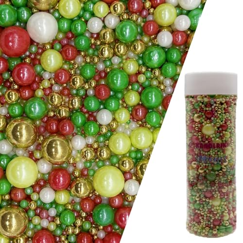 Edible Christmas Mixed Colour Sugar Pearls Sprinkles Candy Mix Size Pearls Cake Decorations Cupcake Toppers Decorating Perfect for Wedding Party Valentine Christmas Supplies 4.58OZ