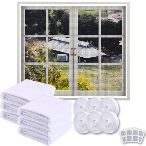 Xiujuers 6 Pcs Mosquiteras para Ventanas, 130 x 150 cm Mosquiteras de Ventanas con 6 Rollos de Cinta Autoadhesiva, Mosquitera Ventana Ajustable que Mantiene a los Insectos, Moscas (Blanco)