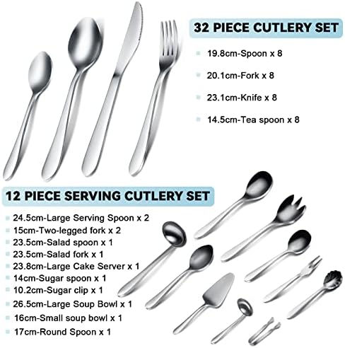 Cutlery Set Service for 8, 44 Piece Knife and Fork Set with Serving Utensils Set, Stainless Steel Tableware with Spoon Knife and Fork, Dishwasher Safe, Mirror Polished