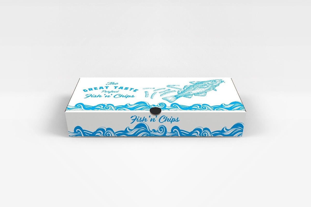 We Can Source It Ltd - Corrugated Card Fish and Chips Takeaway Small Boxes 142x310x50mm with Printed Design – Ideal for Takeout, Fast Food, Restaurants – Disposable, Sturdy and Easy to Use - 100 Boxes