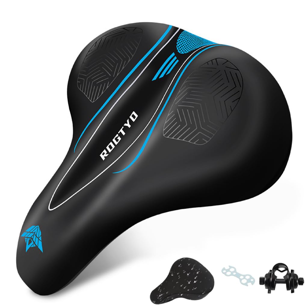 ROGTYO® Bicycle Saddle with Memory Foam 3.0, Gel Bicycle Seat, Wide, Soft, Comfortable, Breathable, Shock-Absorbing, Ergonomic Bicycle Saddle with Waterproof Cover (Blue)