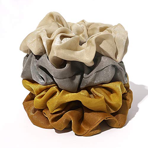 Image of Silk Satin Scrunchies Women Hair Ties - Ivyu Big Scrunchy Ponytail Holder No Crease Hair Bands Soft Elastic No Hurt Your Hair for Vsco Girl Women Beige Gray Dard Yellow Light Yellow