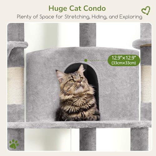 Image of Globlazer Corner Cat Tree Tower for Indoor Cats, 51in Multi-Level Cat Condo Tower with Large Hammock, 7 Sisal Scratching Posts, Oversized Top Perch, Spacious Cat Cave, Hanging Basket, C51, Light Gray