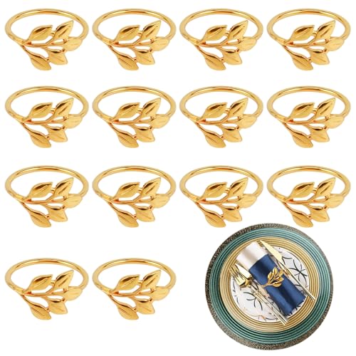 14 Servilleteros Dorados Elegantes de Metal y Hojas, Anillos de Napkin para Decoraciones de Mesa Festivas en Bodas, Aniversarios y Cenas