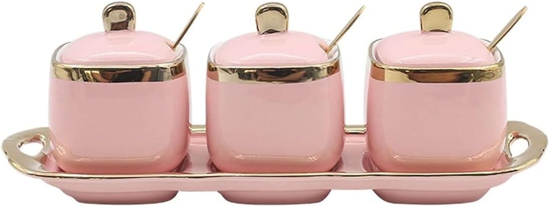 Condiment Set Seasoning Box Condiment Jar Ceramic Condiment Jar Set Seasonings Spice Container With Spoon Lid Tray For Kitchen Salt and Sugar Container Sets Condiment Pot (Color : C)