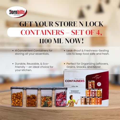 Image of HORNBILLS Seal & Lock Airtight Food Storage Containers Set -1100ml (Pack of 4) | Kitchen Organizing Accessories | Leakproof, BPA Free & Food Grade Material Plastic Boxes For Kitchen & Fridge Organizer