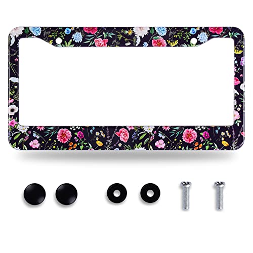 Beautiful Floral License Plate Frame Watercolor Flowers License Plate Holder Stainless Steel Rust-Proof Auto Parts Colorful License Plate Cover Decoration With Screws Size 12.3" X 6.3" For Women Gifts #TOP9