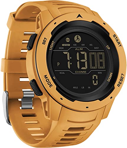 Step Counter Fitness Tracker Watches for Men, Men's Digital Sports Yellow Watch IP68 Waterproof with Pedometer Calorie Dual Time Countdown Stopwatch, Tactical Military Outdoor Survival Hiking