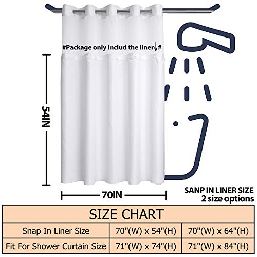 Konzent 2 Pack Snap-In Shower Curtain Liner Replacement Removable Liner 70" W X 54" H (Fit For 71" W X 74" H Shower Curtain) (White,2 ) #TOP5