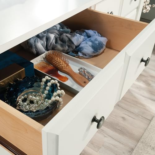 Image of Sauder Shoal Creek Dresser, Six Drawer Storage, Oak Bedroom Dresser, Soft White Finish