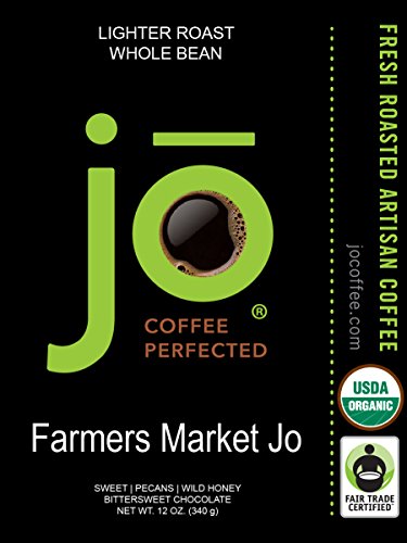 Image of FARMERS MARKET JO: 12 oz, Organic Coffee, Whole Bean, Lighter Roast | Soft Velvet Texture, USDA Certified Organic Fair Trade Certified Kosher, 100% Arabica Specialty Coffee, Non-GMO Gluten Free