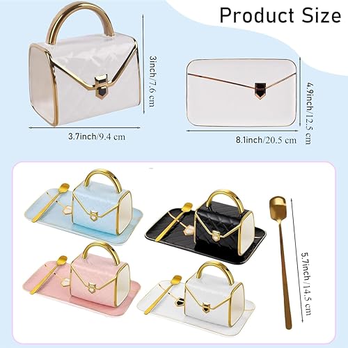 4 Sets Creative Coffee Mug and Saucer, Ceramic Tea Cup with Spoon, 300 ml Handbag Shaped Coffee Mug for Women Girl Gift Office Home Drinking Milk Hot Chocolate Cappuccino, 4 Colour - Image 3