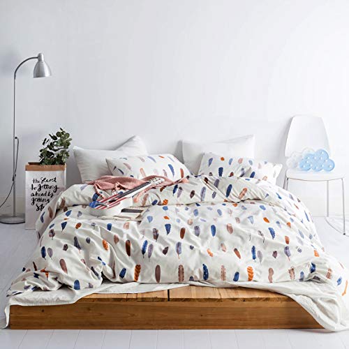 Susybao Feather Patterned Duvet Cover Queen 100% Cotton Colorful Boho Duvet Cover Set 3 Pieces 1 Bohemian Feather Print Duvet Cover With Zipper Ties 2 Pillowcases Luxury Soft Feather Boho Bedding Set #TOP2