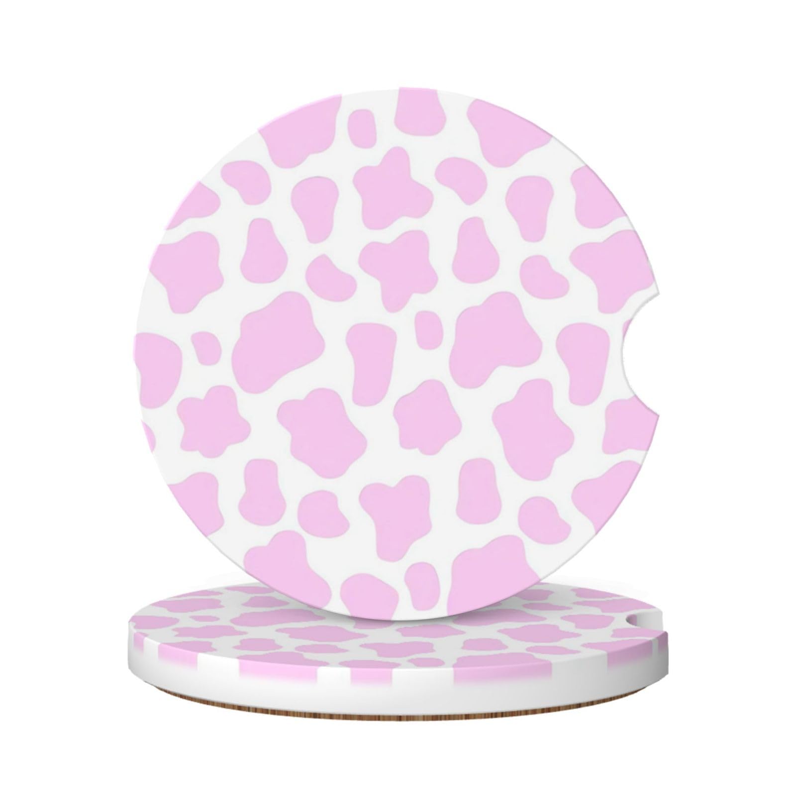 GACCAP Car Coasters for Cup Holders, 2 Pack Absorbent Ceramics Anti Slip Universal 2.56 Inch Car Cup Coaster for Women Men, Car Interior Accessories - Pink Cow Print