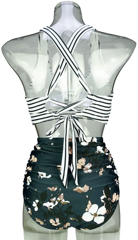 COCOSHIP Black White Striped Bloom Floral Retro Front Tie Superband High Waist Two Piece Bikini Set Cruise Swimwear Plus Size 18 - Image 4