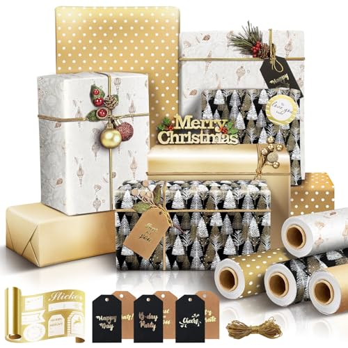 Papel de presente de Natal, 4 rolos papel presente de Natal, papel de embrulho natural, papel presente de Natal rolo grande, Christmas Wrapping Paper, rolos papel kraft branco, 43 cm x 3 m, presentes
