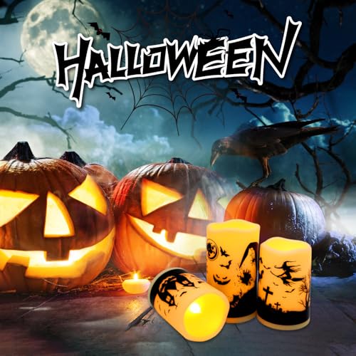 Image of fclayvts 12-Pack Halloween LED Flameless Pillar Candles - Battery Operated with Remote & Timer, Flickering Warm Light, Witch /Bats /Castle Decals - Spooky Halloween Decor, Ghost Party Supplies, Gifts