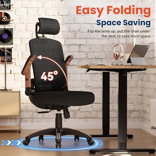 Image of GABRYLLY Ergonomic Office Chair, High Back Home Desk Chair with Flip-Up Arms, 3D Headrest, 90-120 Tilt and Wide Cushion Seat, Big and Tall Computer Chairs for Man Woman, Mesh Chair Black Woodgrain