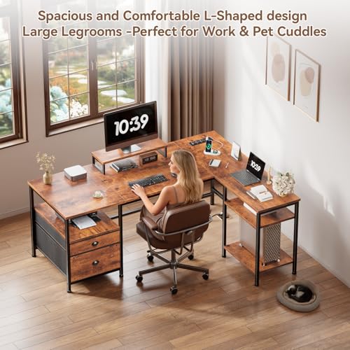 Image of Furologee L Shaped Computer Desk with Power Outlet, Reversible Home Office Desk for Work Study, 50 Inch Corner Gaming Table with File Drawer, Monitor Stand, Storage Shelves, Rustic Brown