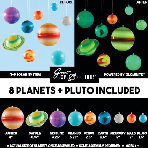 University Games 19862 Great Explorations | 3-D Solar System Glow In The Dark Ceiling Hanging Kit 3D Planets And Star Stickers Create The Milky Way Teach Science Stem thumb #1
