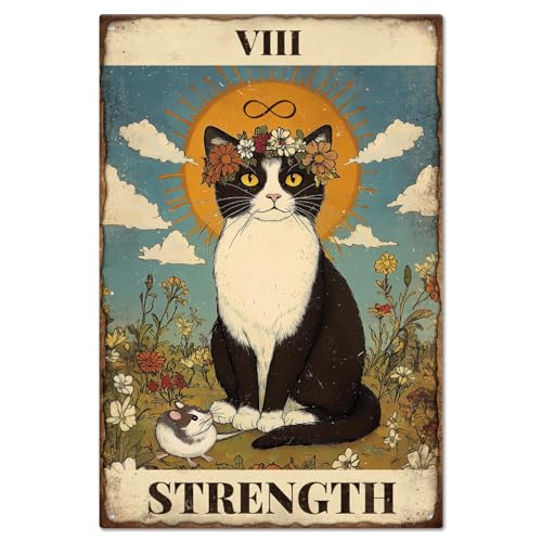 GLOBLELAND "VIII STRENGTH" Tin Sign Cat Tarot Cards Metal Tin Sign Vintage Metal Tin Sign 12×8inch Funny Wall Decor Tin Signs for Home Farm Bar Coffee Shop Club Decoration