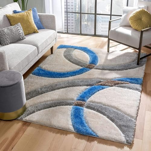 Image of Shaggy Rugs 8X10 FEET Soft and Cozy Carpet for Living Room & Hall, Bedroom, and Kids Room Non-Slip, High Pile, Machine Washable, Perfect for Any Room (Gry Blu Ivor)