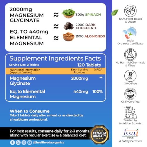 Image of Health Veda Organics Magnesium Glycinate 2000mg per Serving | High Absorption Magnesium Supplement for Muscle Recovery, Better Sleep Support & Stress Relief | 120 Veg Tablets