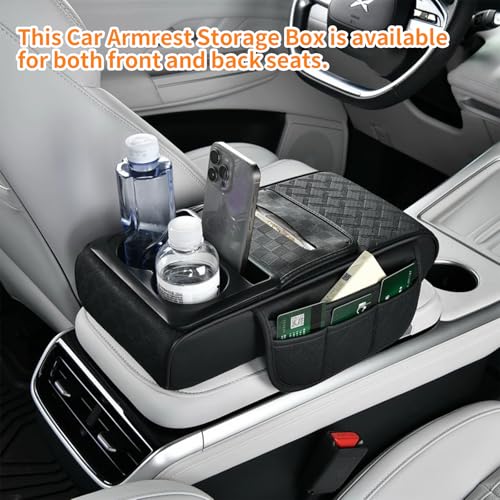 Primst Arm Rest Cover for Car, Leather Car Center Console Cover with Storage Bags, Center Console Cup Holder and Tissue Box, Cars Center Console Organizer