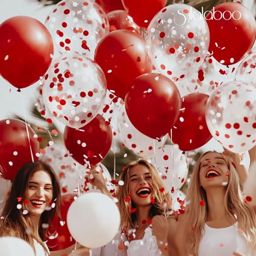 Image of Metallic Red and White Balloons 12Inch 73PCS White Red Confetti Latex Balloons Shiny Helium Balloon Set for Birthday Anniversary Graduation Party Decorations