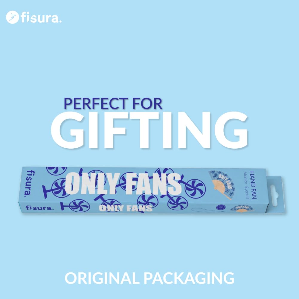 Fisura-Wachlarz drewniany z napisem “Only f*ns”, niebieski wachlarz ręczny ze wzorem wachlarzy i zawieszką, zabawny prezent na lato 42,5 x 23 cm