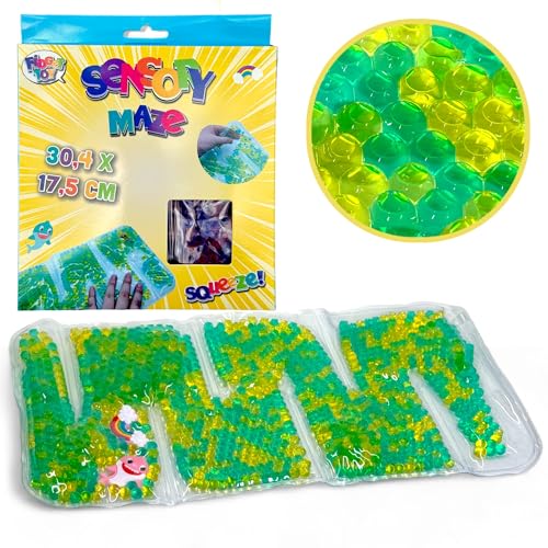MIJOMA Antistress-Sensory-Maze-Spielzeug, Gel-gefülltes Fidget-Squishy mit Buntem Flüssigkeitsperlen-Labyrinth für Entspannung, Stressentlastung und Konzentrationsförderung, 35x17.5 cm (gelb-grün)