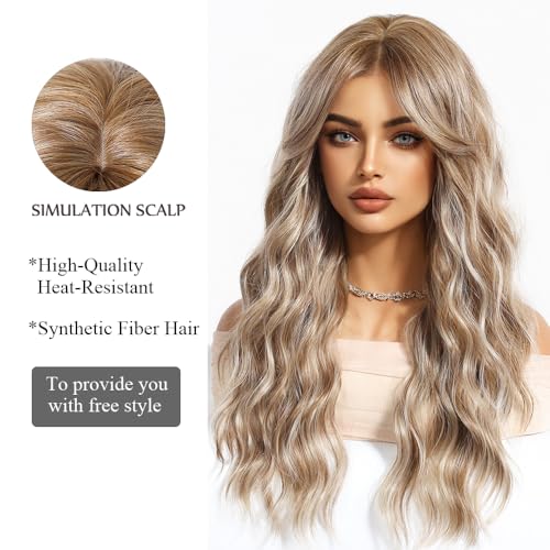 OUFEI Blonde mixed Light Brown Long Wavy Wig for Women with Curtain Bangs Natural Curly Synthetic Hair Heat Resistant Wigs for Daily Party Cosplay Wear - Image 3