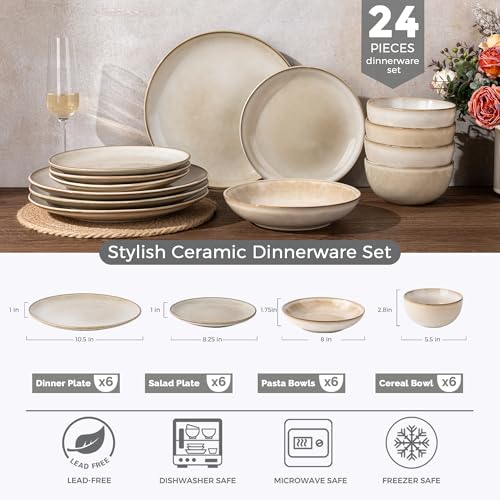Image of GBHOME Dinnerware Sets For 6, 24Pcs Stoneware Plates and Double Bowls Sets, Dishwasher&Microwave Safe