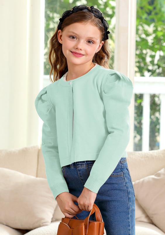 Girls Puff Long Sleeve Open Front Knit Cardigan Solid Round Neck Bolero Shrug Sweater Size 5-14 Years3